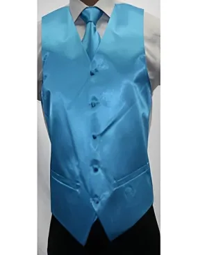 Men's Neck Ties - Mens Dress Tie - Trendy Mens Ties Shiny turquoise ~ Groomsmen Vest ~ Waistcoat ~ Waist coat Light Blue Stage Party Microfiber 3-piece Vest Groomsmen Ties