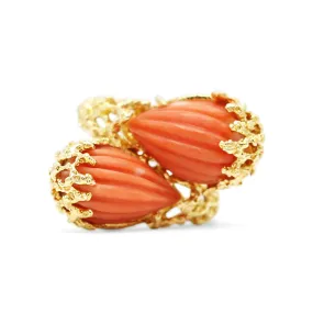 18ct Carved Coral Two Stone Cross Over Dress Ring