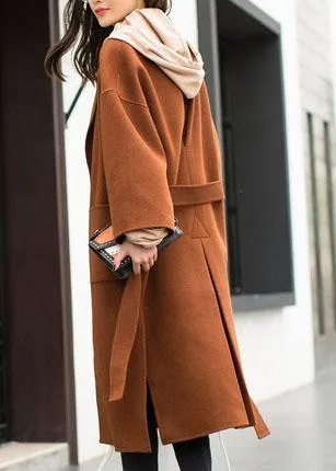 2019 plus size medium length coat Notched coat brown tie waist side open Woolen Coat Women