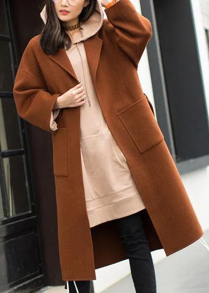 2019 plus size medium length coat Notched coat brown tie waist side open Woolen Coat Women