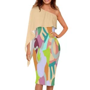 Abstract Wild Women's Long Sleeve One Shoulder Party Dress