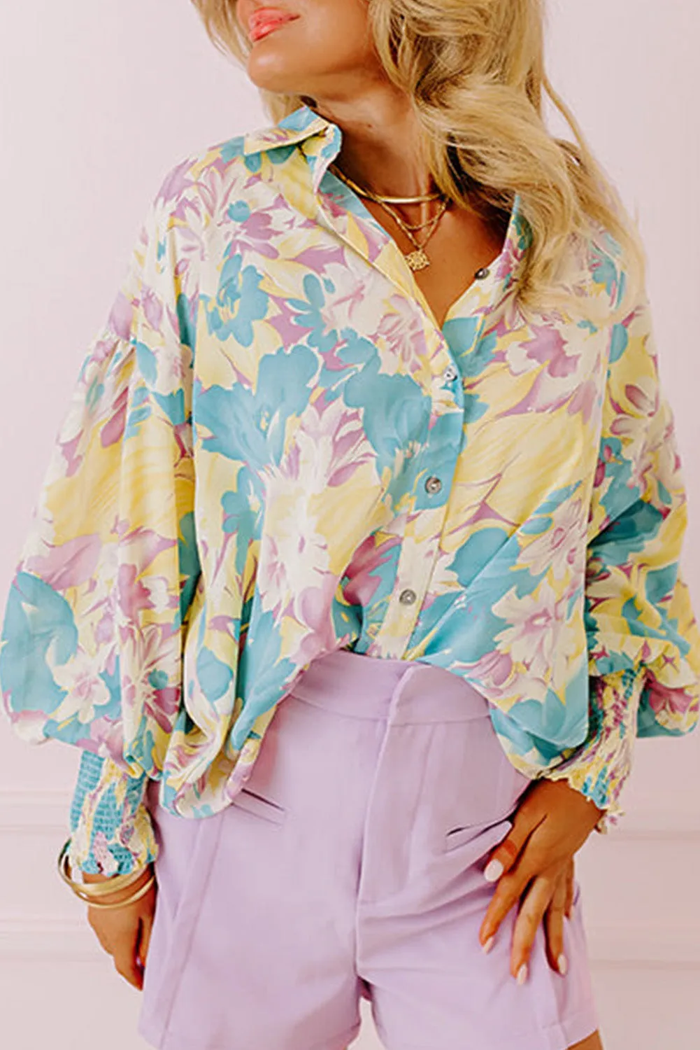 Allover Print Shirred Cuff Oversized Shirt