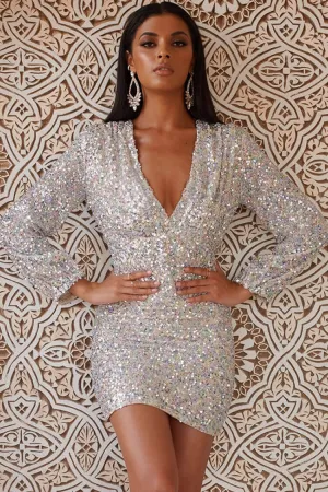 Amozae-hoco dresses -Iridescence Long Sleeve V Neck Bodycon Sequin Mini Dress - Multicolor