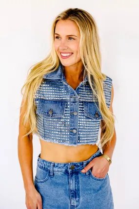 AS SEEN ON ASHLEE NICHOLS!! Cropped Rhinestone Denim Vest