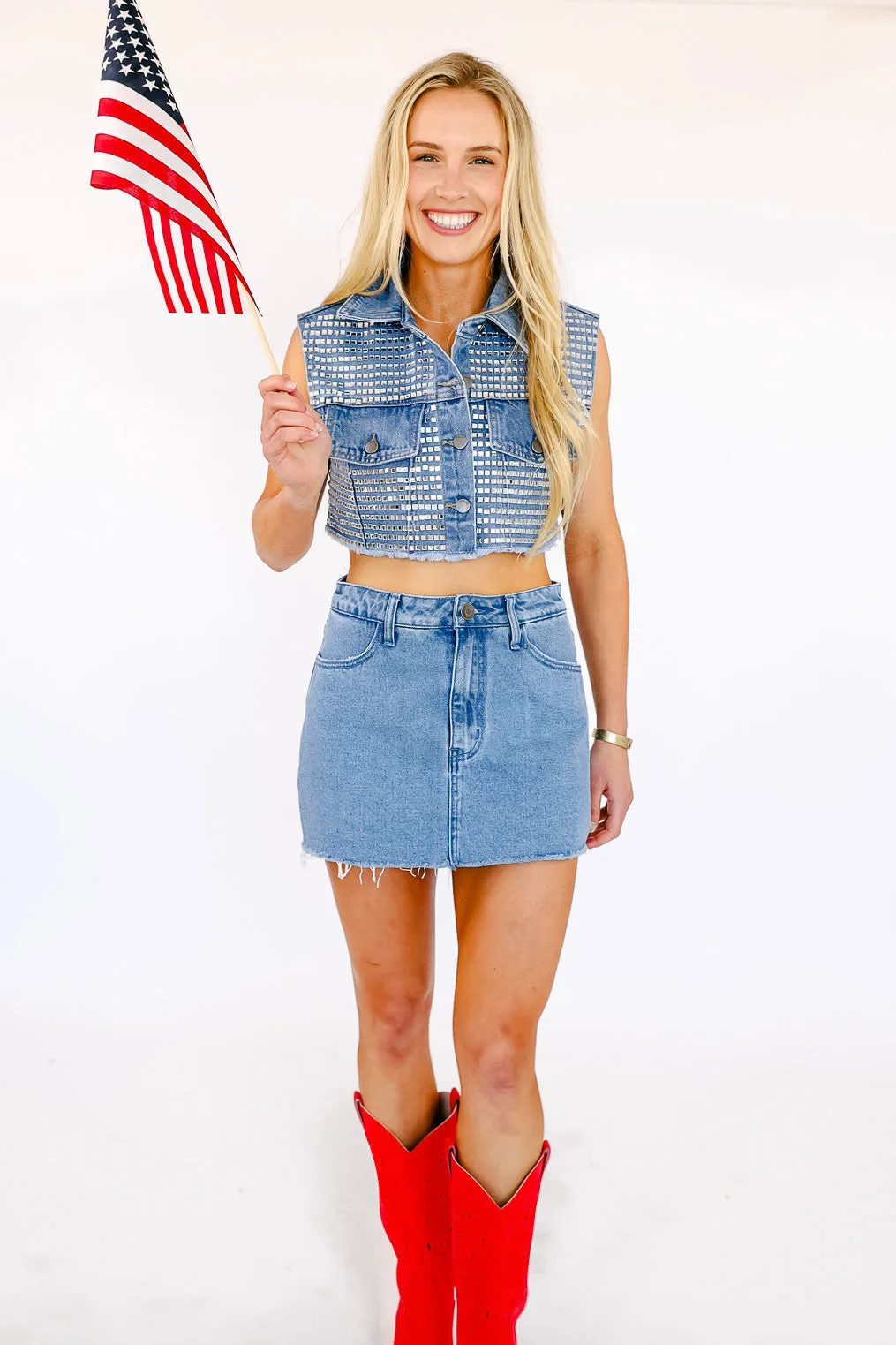 AS SEEN ON ASHLEE NICHOLS!! Cropped Rhinestone Denim Vest