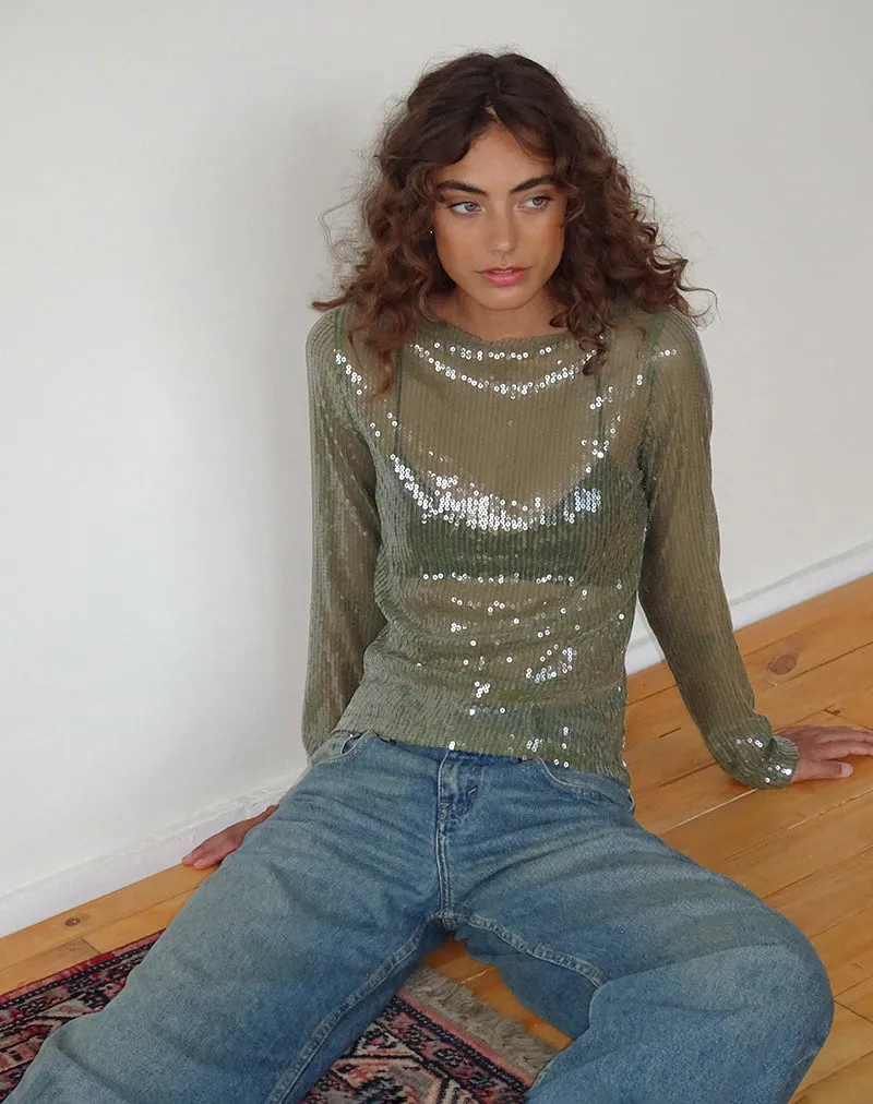 Ashram Top in Clear Khaki Green Sequin