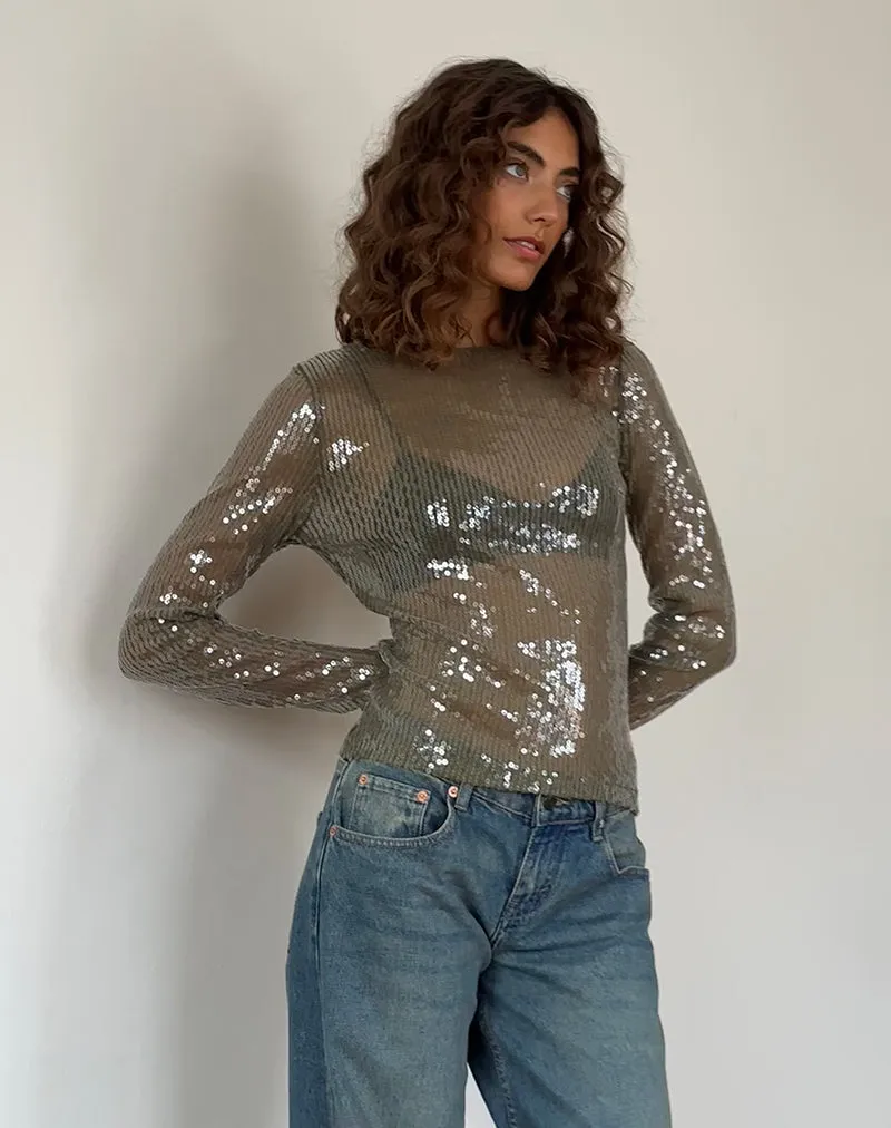 Ashram Top in Clear Khaki Green Sequin