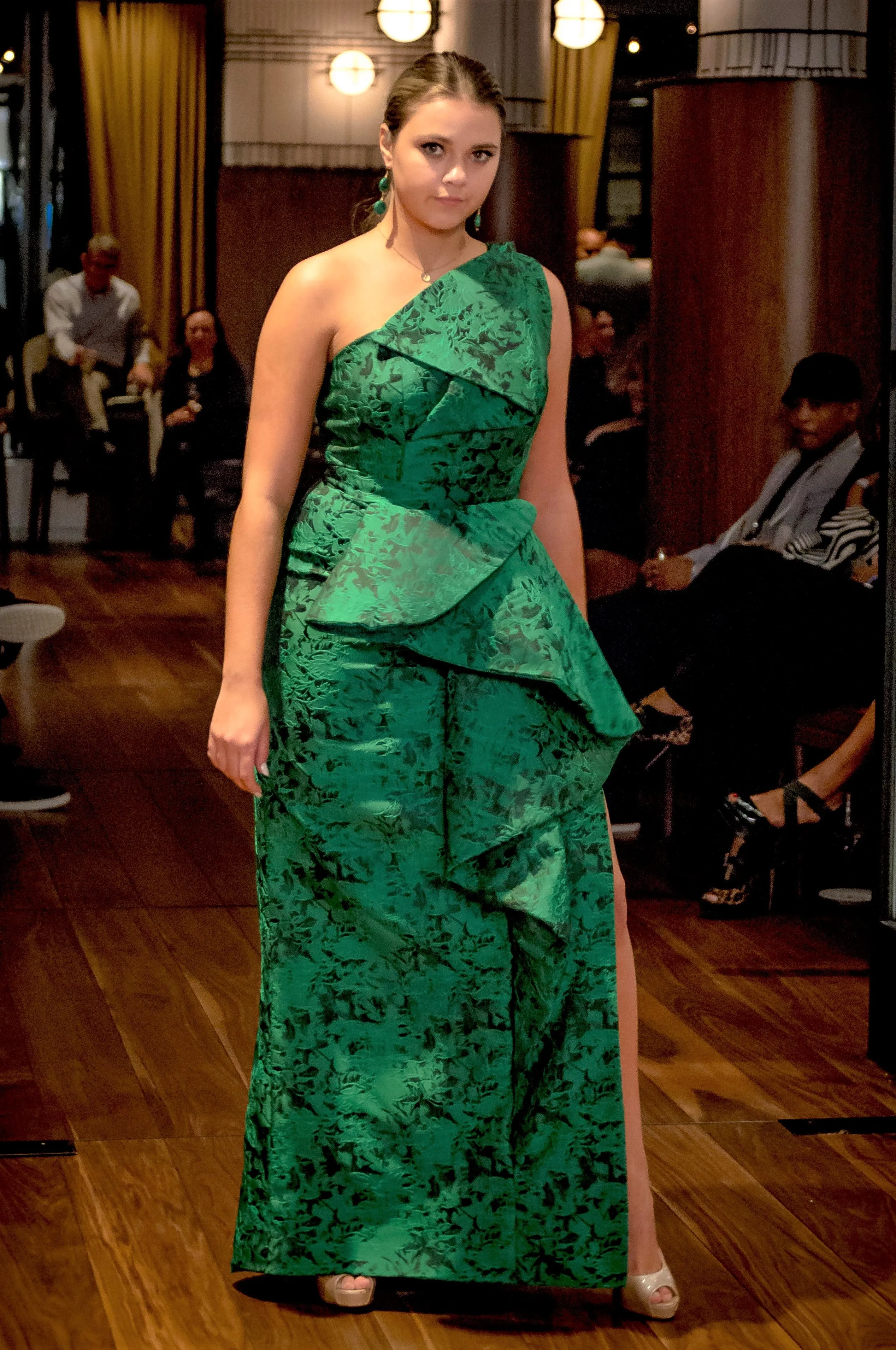 AUTUMNA Sheath Emerald Jacquard Haute Couture Evening Gown