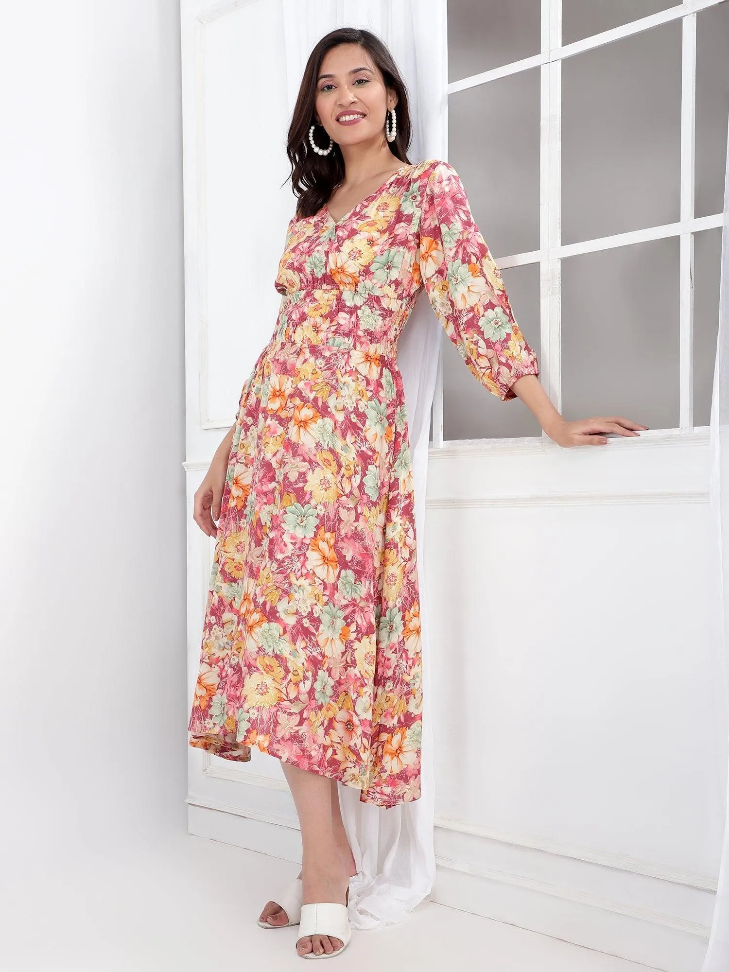 Avya Floral Printed A-Line Midi Dress