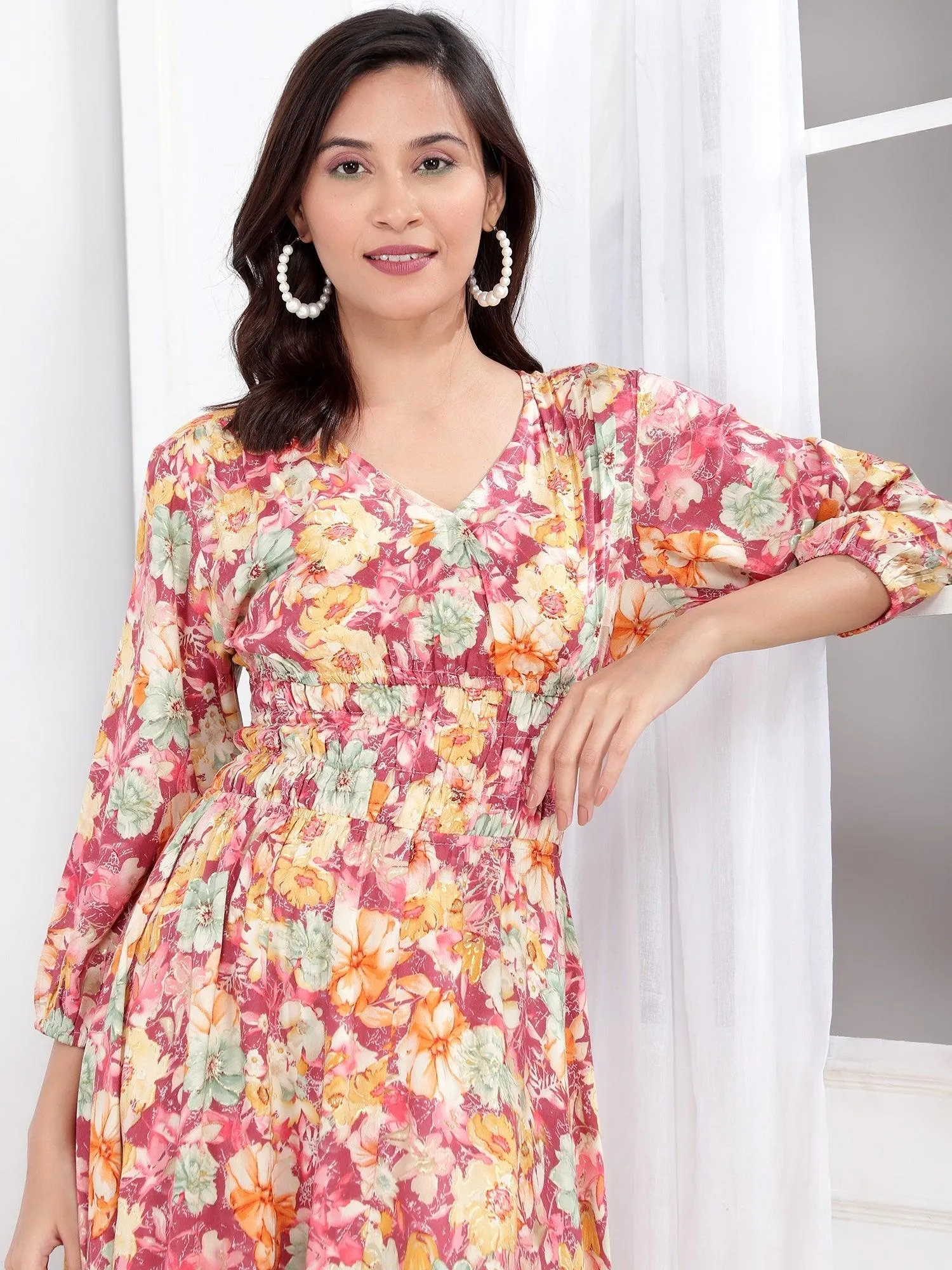 Avya Floral Printed A-Line Midi Dress