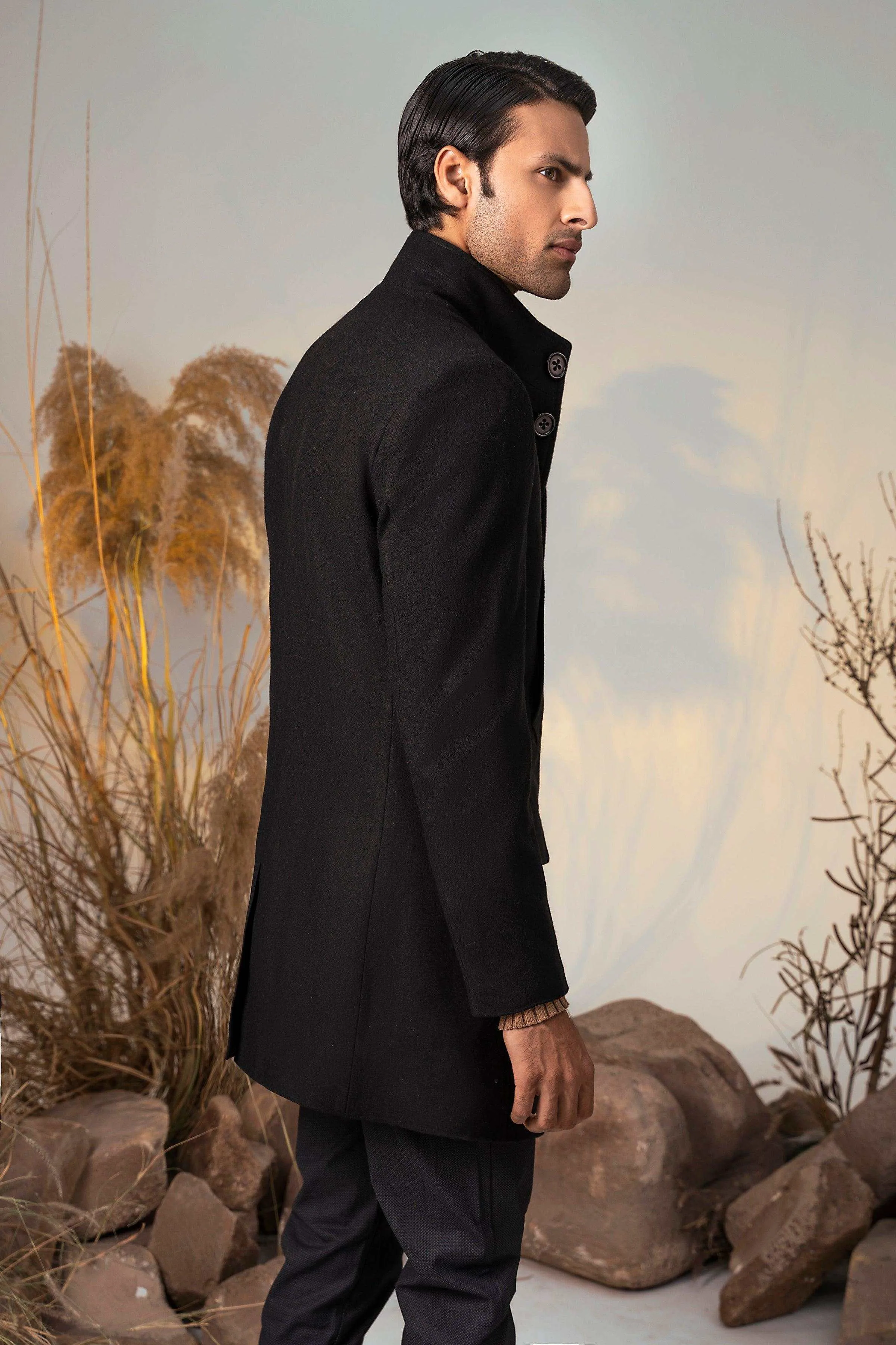 BAN COLLAR LONG COAT BLACK