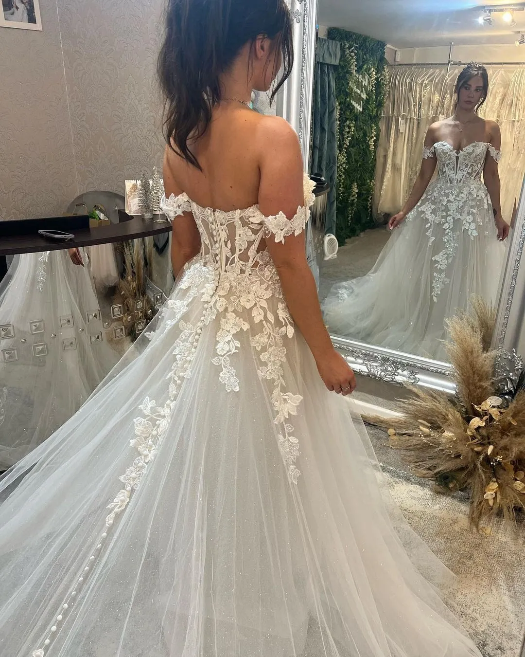 Biztunnel Long A-line Off the Shoulder Tulle Lace Wedding Dresses with Train