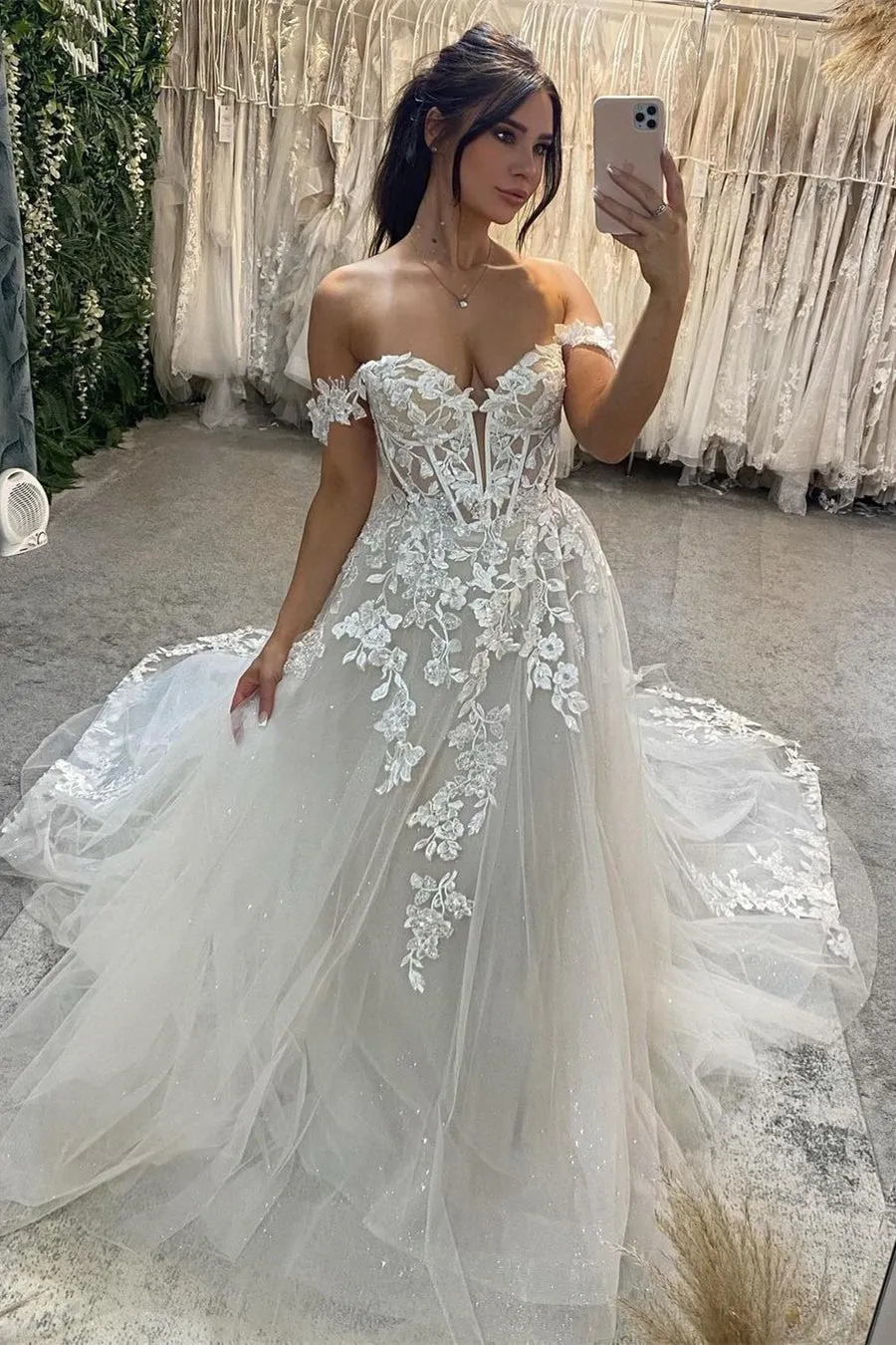 Biztunnel Long A-line Off the Shoulder Tulle Lace Wedding Dresses with Train