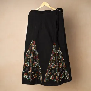 Black - Bengal Kantha Embroidery Cotton Wrap Around Skirt