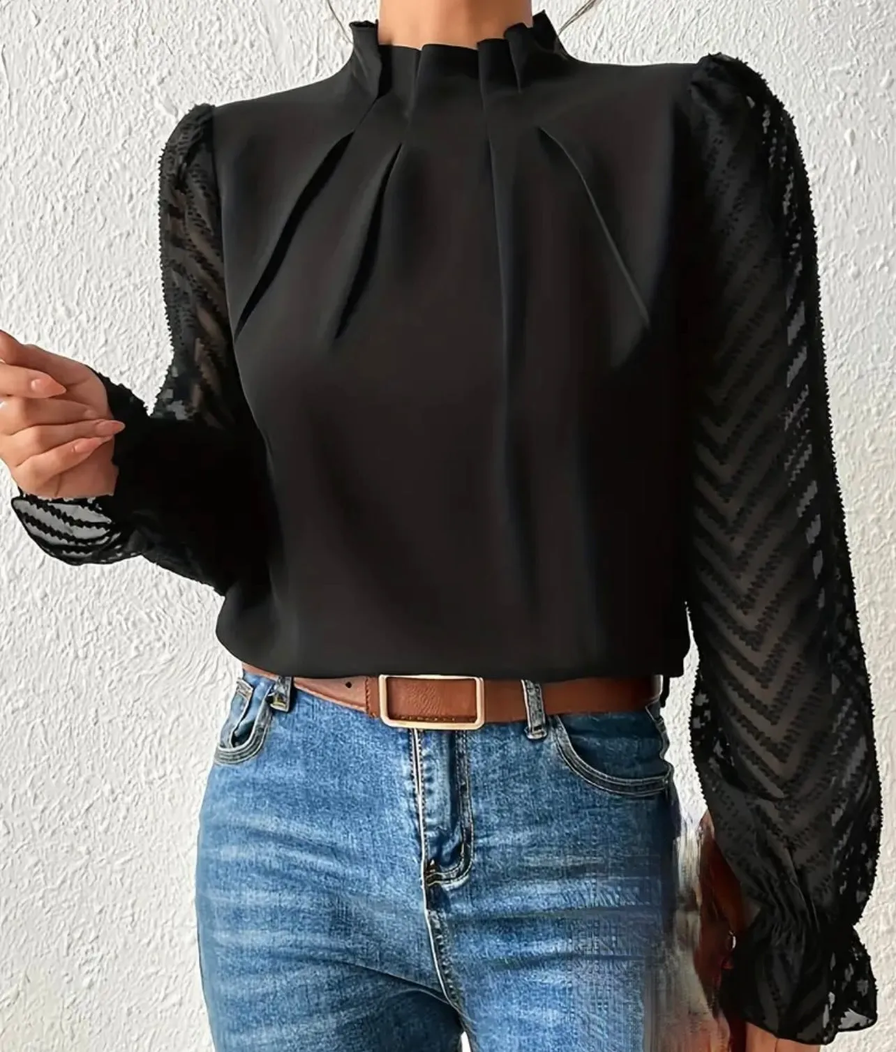 Black Blouses with Lice Sleeves, Ruffle Collars