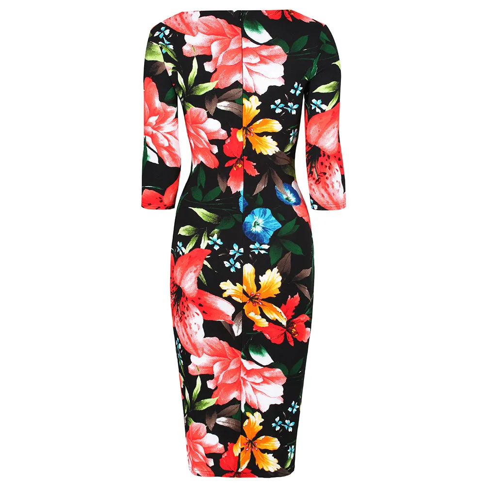 Black Floral Print 3/4 Sleeve Bodycon Pencil Wiggle Dress