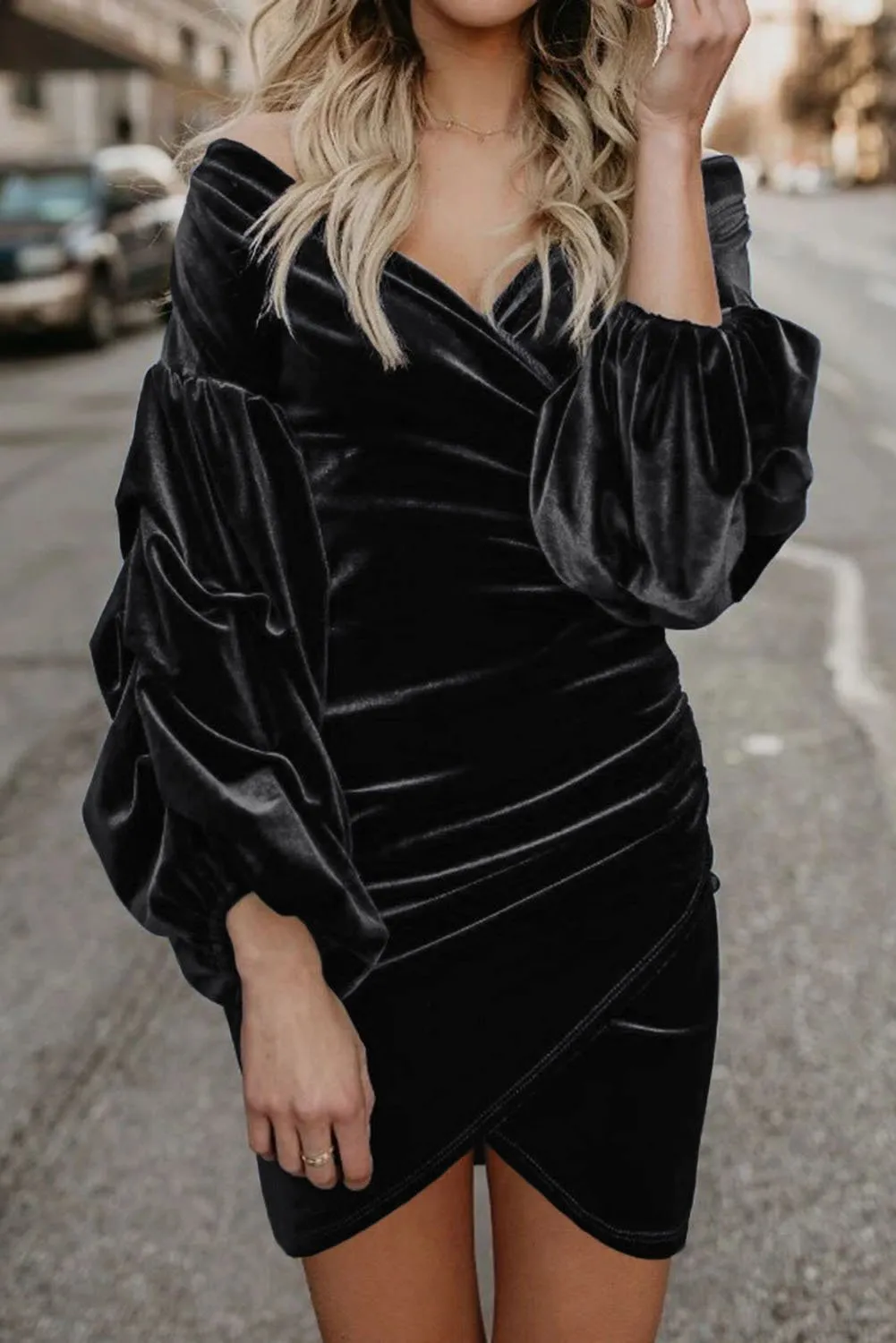 Black Puff Sleeve Ruching Wrap Bodycon Velvet Dress