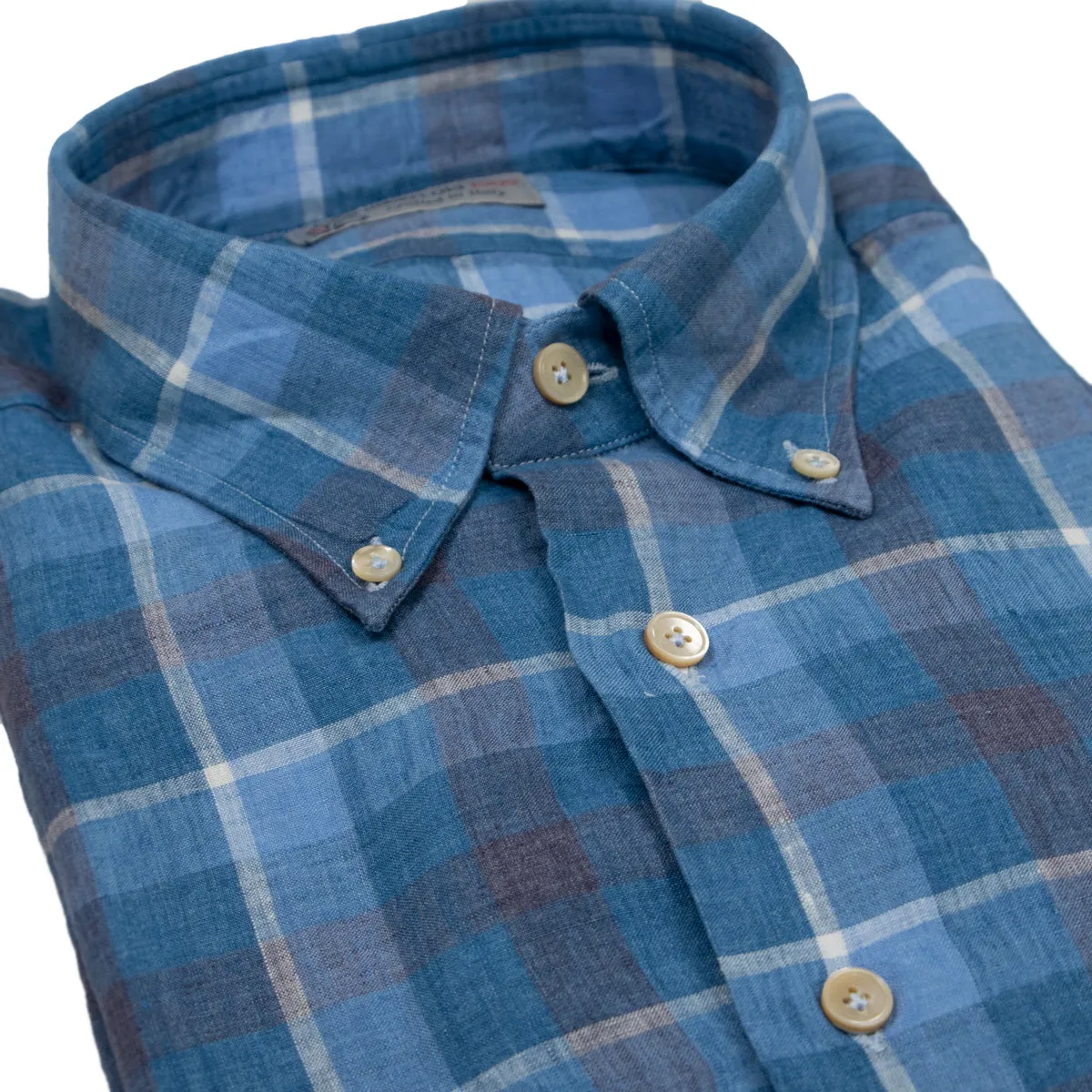 Blue Check Linen Button-Down Long Sleeve Shirt