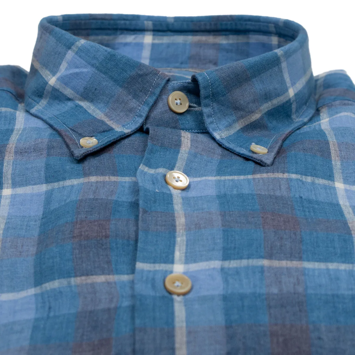 Blue Check Linen Button-Down Long Sleeve Shirt