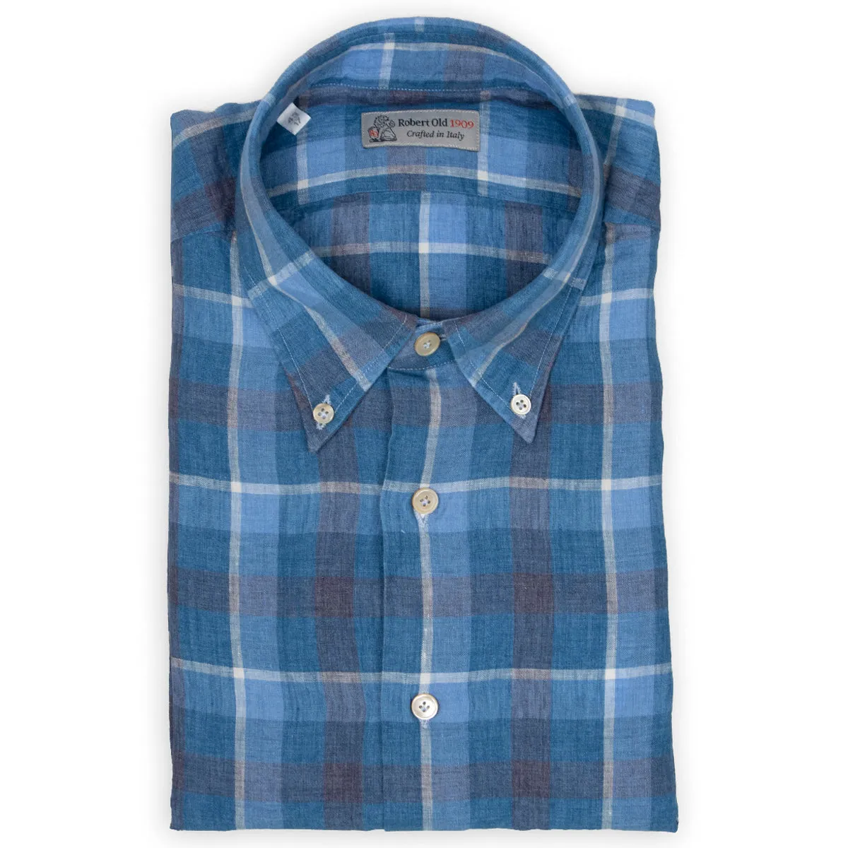 Blue Check Linen Button-Down Long Sleeve Shirt