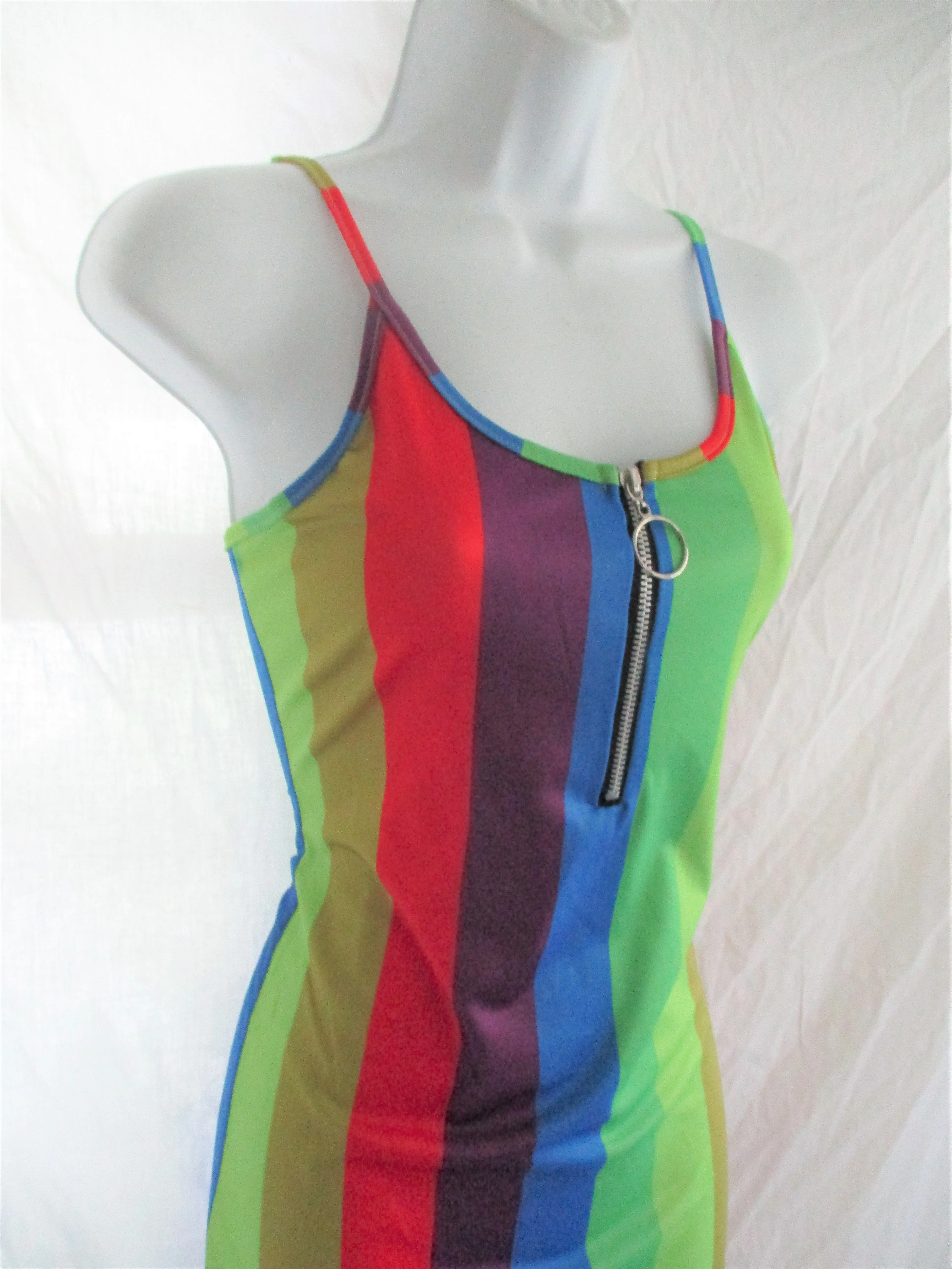 Bodycon Striped Tank Top DRESS Mini S Zip RAINBOW PRIDE LGBTQ