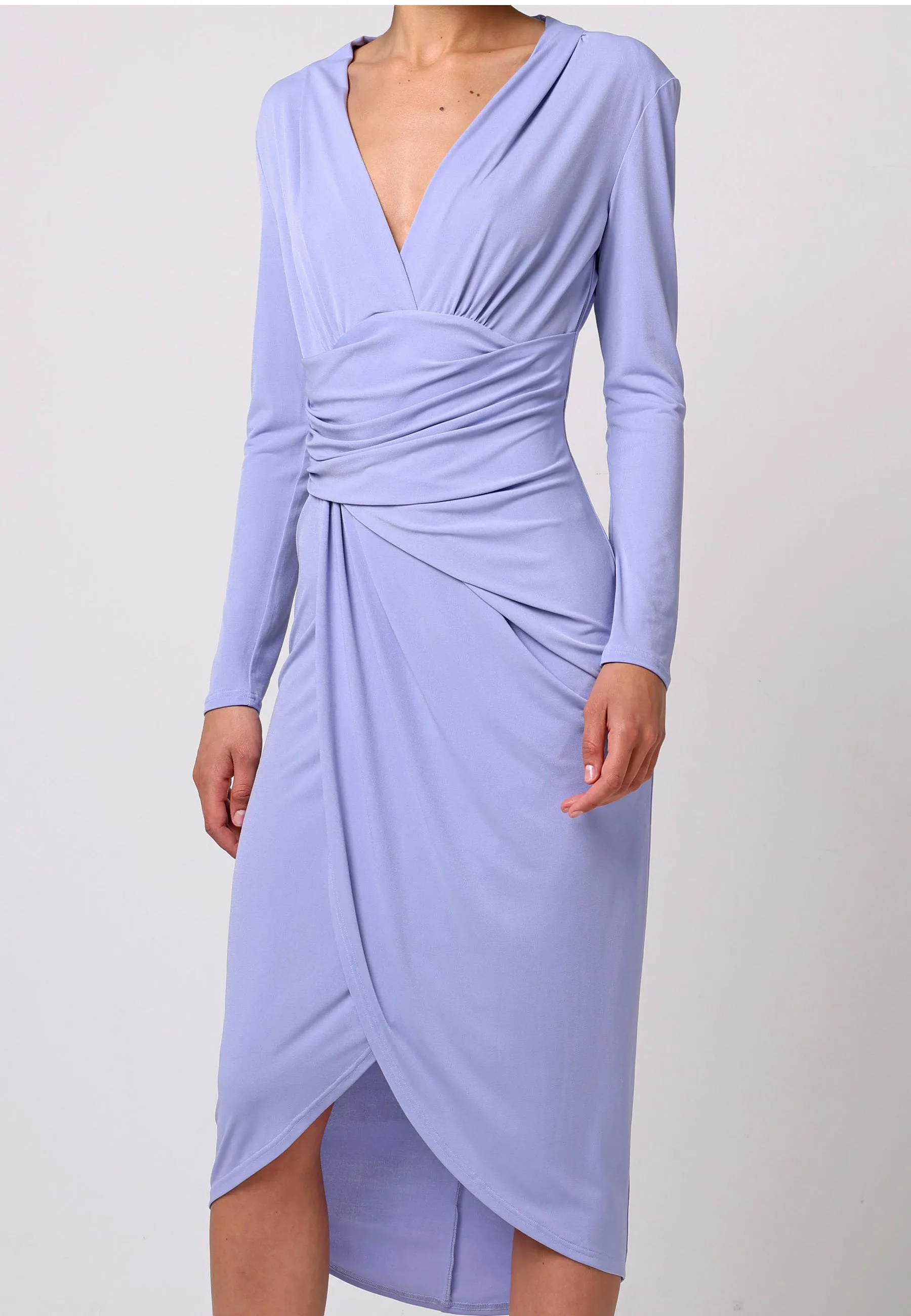 Bodycon Wrap Midi Dress With Long Sleeves In Lilac