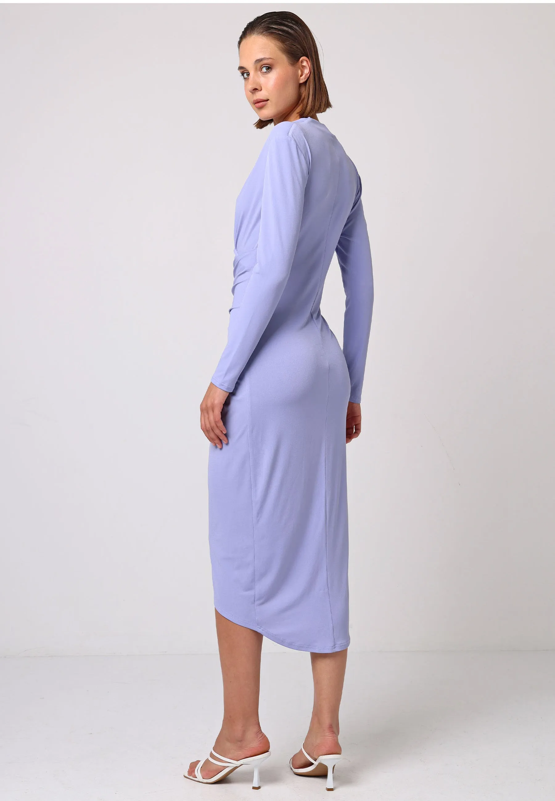 Bodycon Wrap Midi Dress With Long Sleeves In Lilac