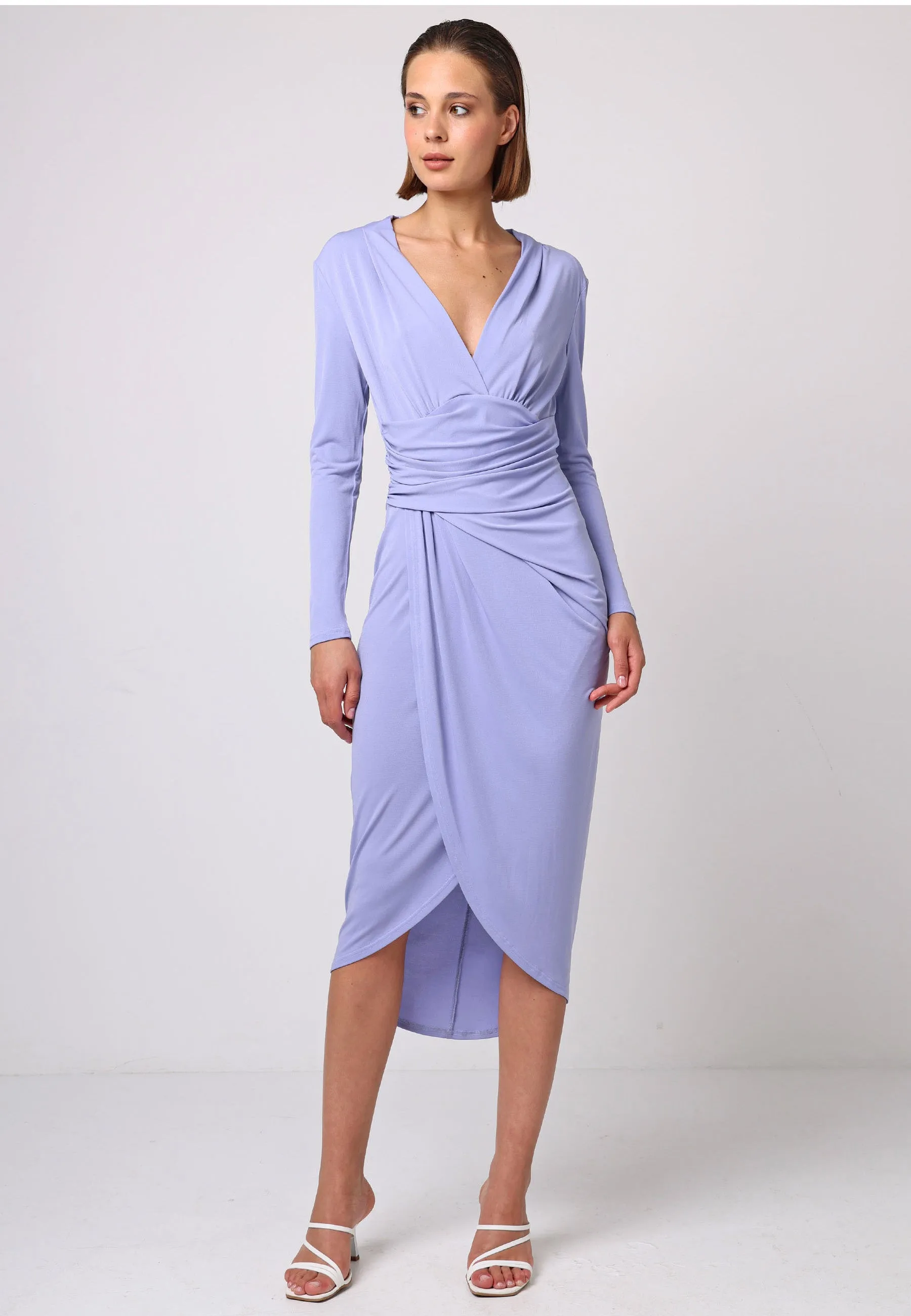 Bodycon Wrap Midi Dress With Long Sleeves In Lilac