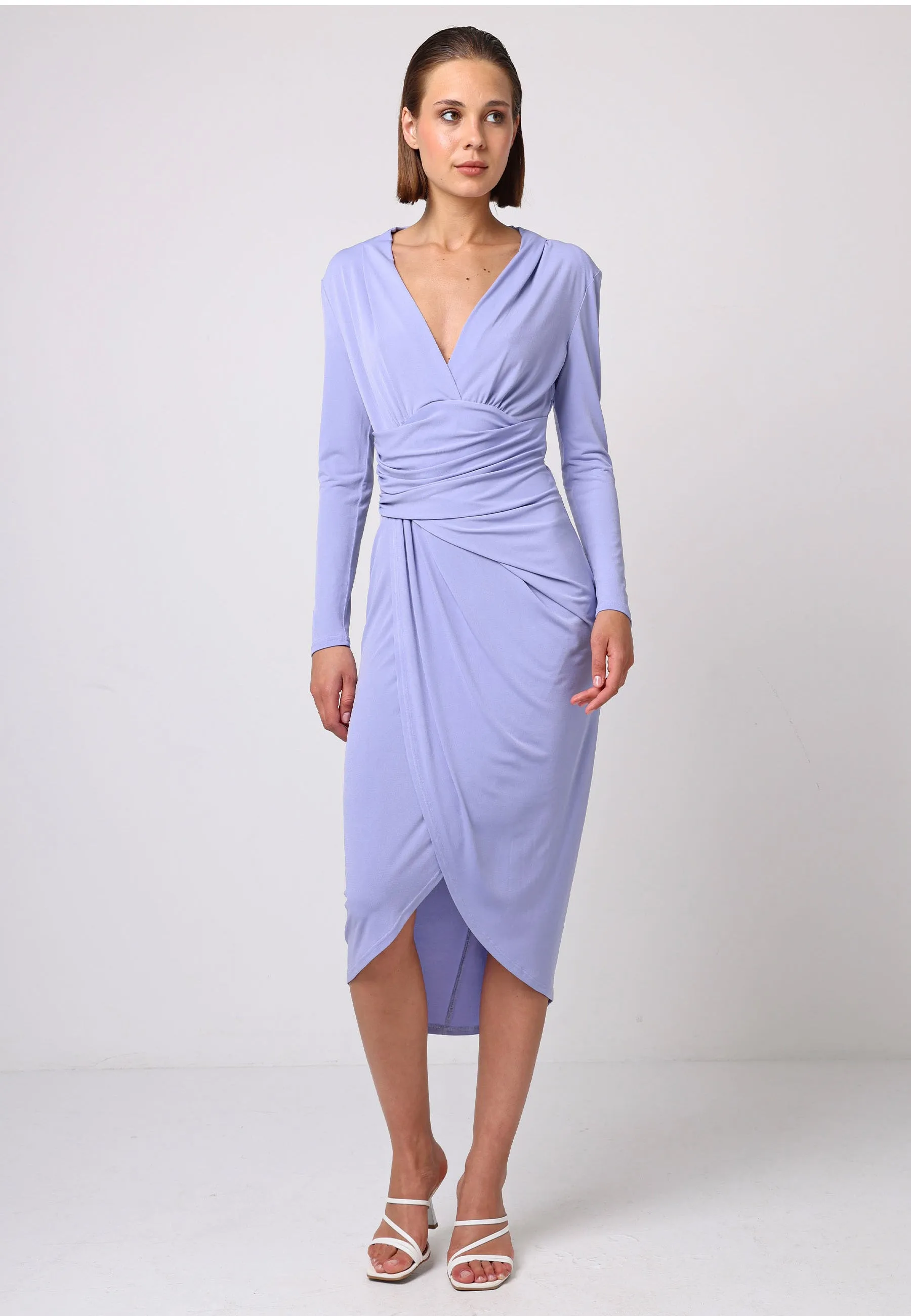 Bodycon Wrap Midi Dress With Long Sleeves In Lilac