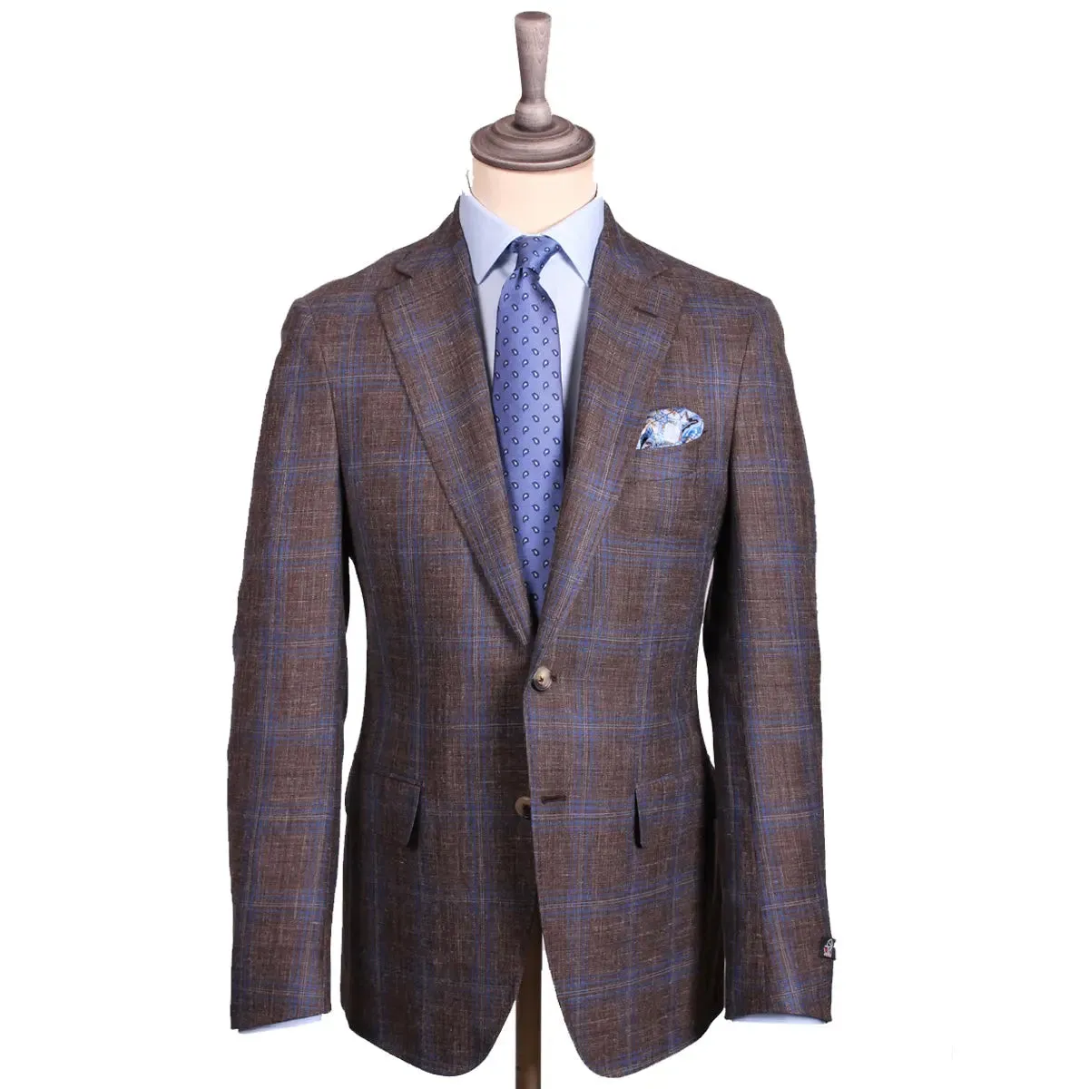 Brown & Blue Check Wool Linen Blend Blazer