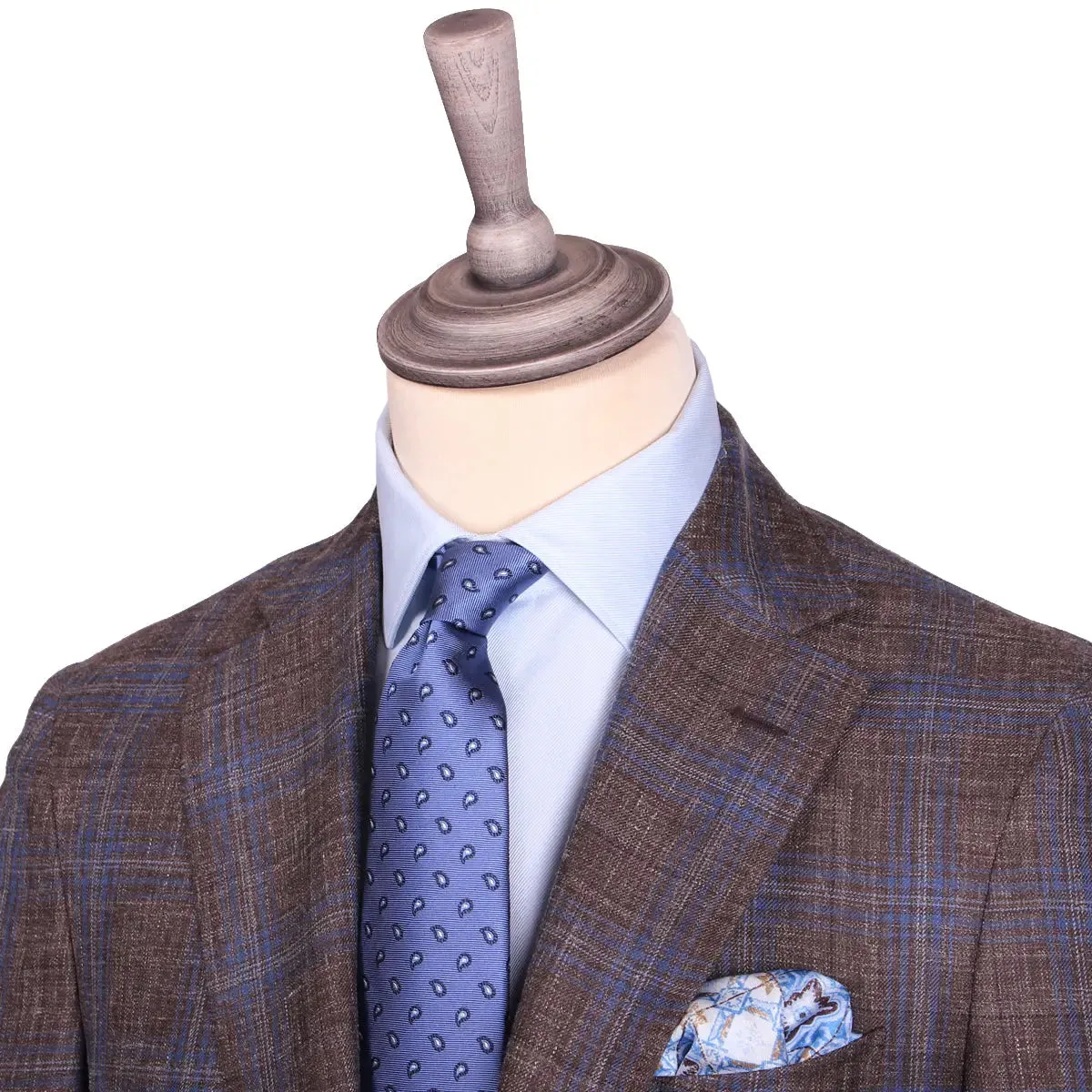 Brown & Blue Check Wool Linen Blend Blazer