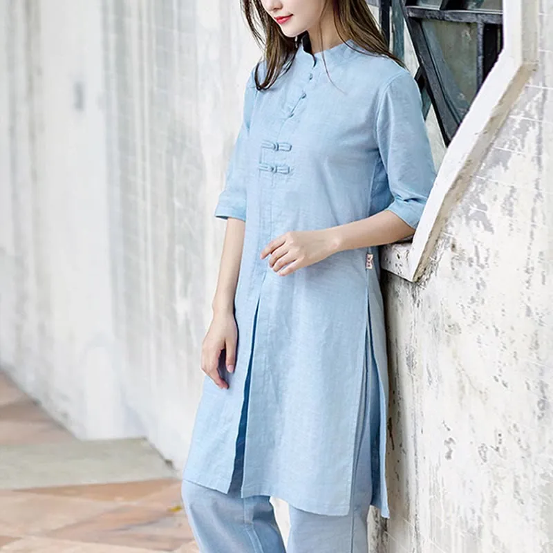 Buddha Stones 2Pcs Half Sleeve Shirt Top Pants Meditation Zen Tai Chi Linen Clothing Women's Set