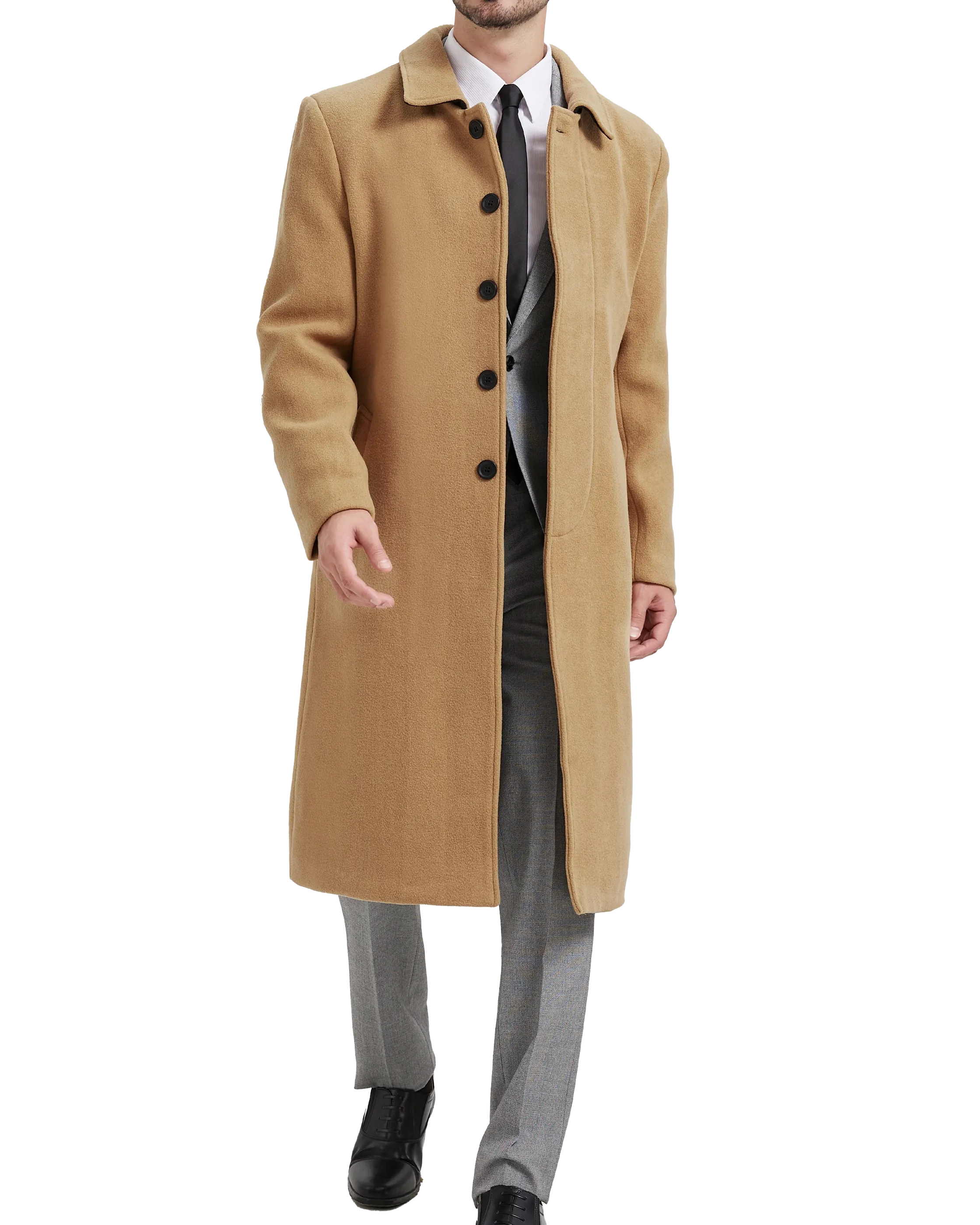 Camel Long Wool Cashmere Overcoat Hidden Buttons