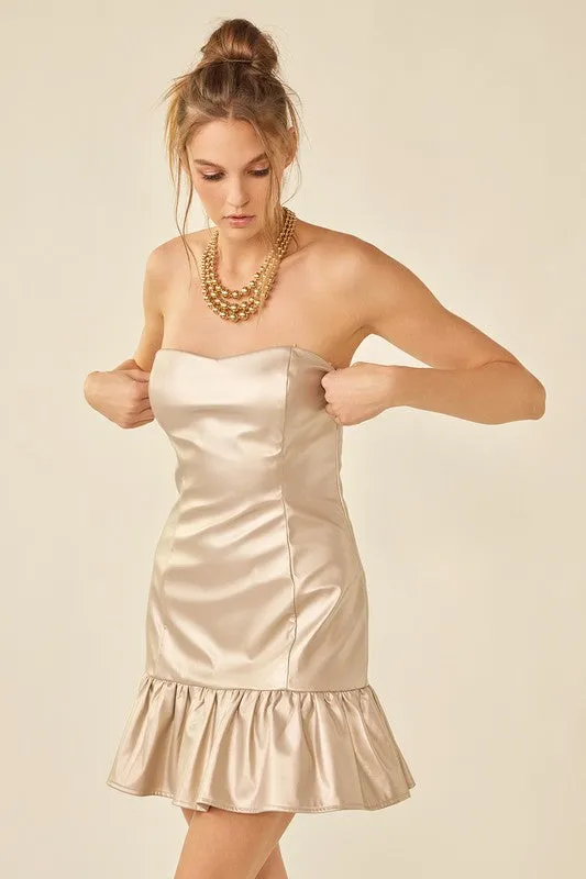 Champagne Gold Bodycon Pu Mini Dress With Bottom Ruffle Detail