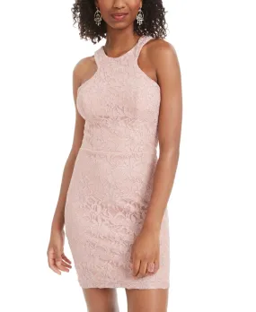 City Studios Women's Embroidered Cut Out Sleeveless Halter Short Body Con Cocktail Dress Pink Size 9