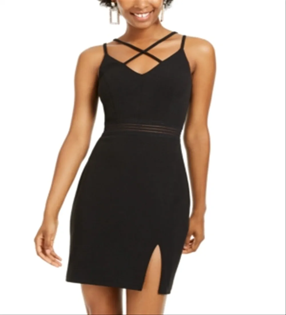 City Studios Women's Spaghetti Strap V Neck Mini Body Con Cocktail Dress Black Size 0