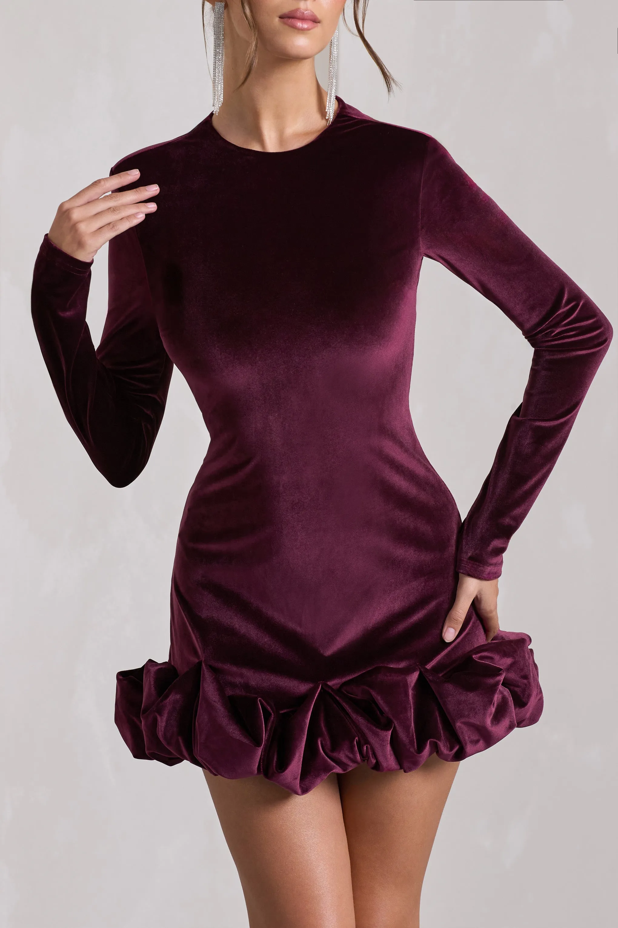 Claudine | Port Velvet Long-Sleeved Ruffled Mini Dress