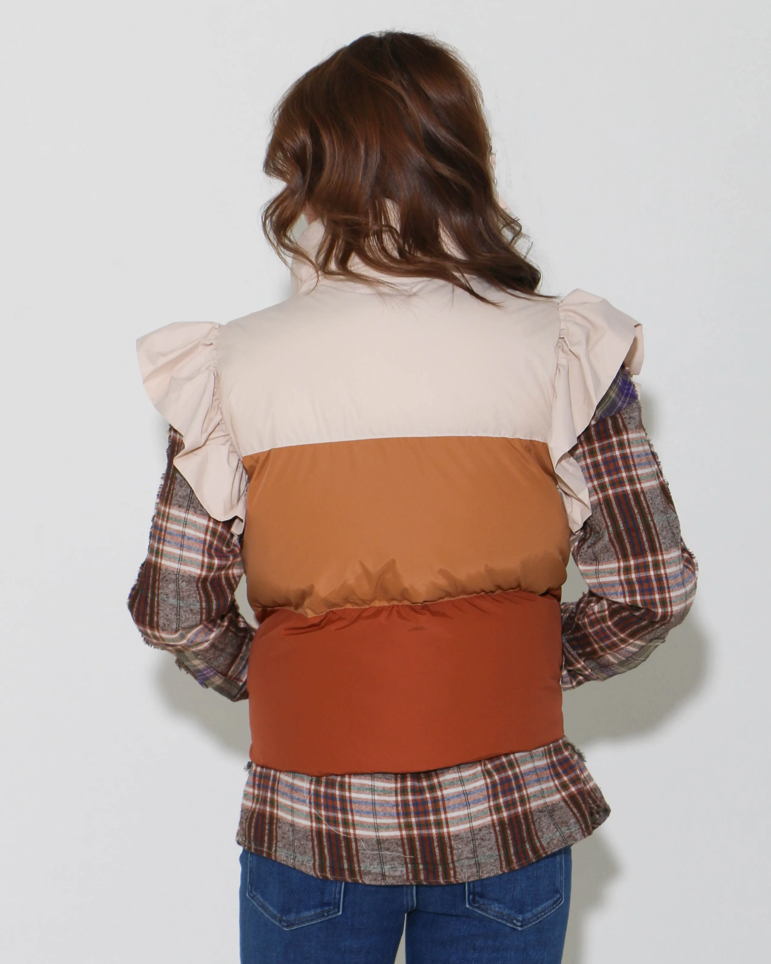 Color Block Ruffle Trim Puffer Vest in Camel