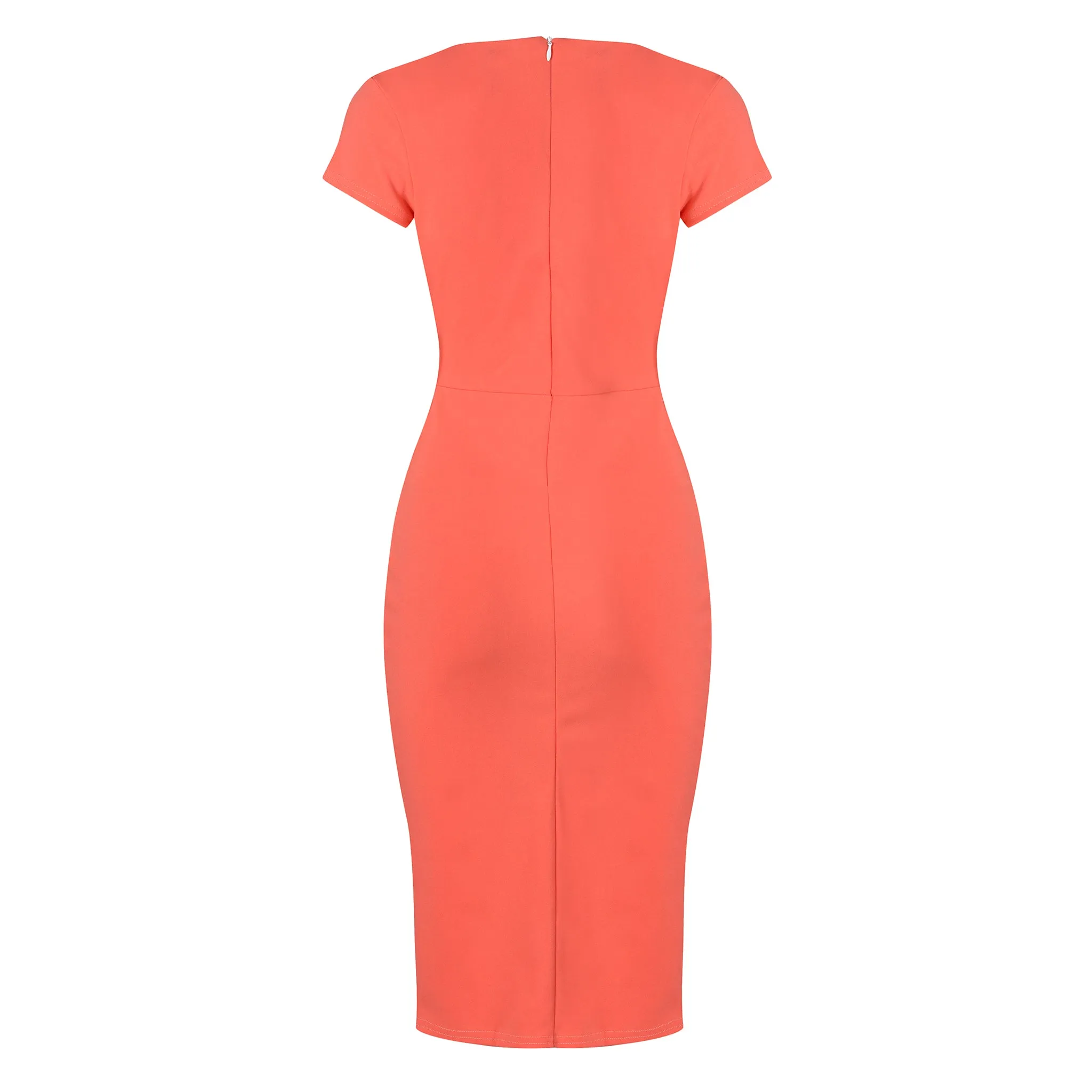 Coral Deep V Cap Sleeve Bodycon Ruched Waist Wiggle Dress