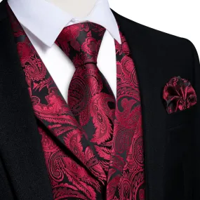 DiBanGu Red Black Paisley Silk Notched Collar Slim Fit Mens Waistcoat Tie Set