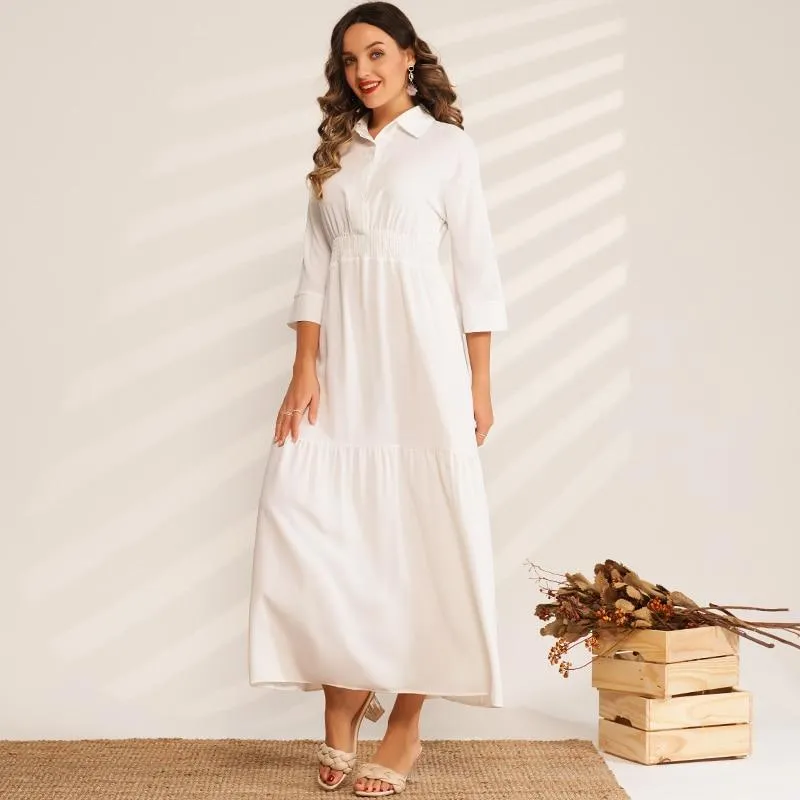 FashionSierra - Ladies Fashion Solid Color High Waist Pleated Folds College Style Sweet Long Wild Woman Pure White Dress