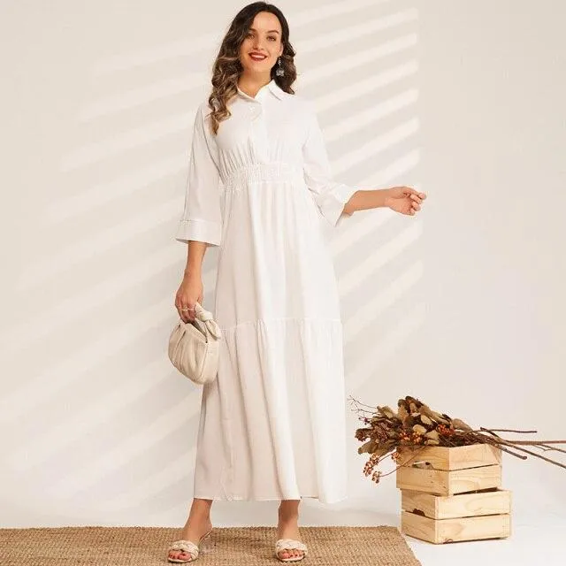 FashionSierra - Ladies Fashion Solid Color High Waist Pleated Folds College Style Sweet Long Wild Woman Pure White Dress