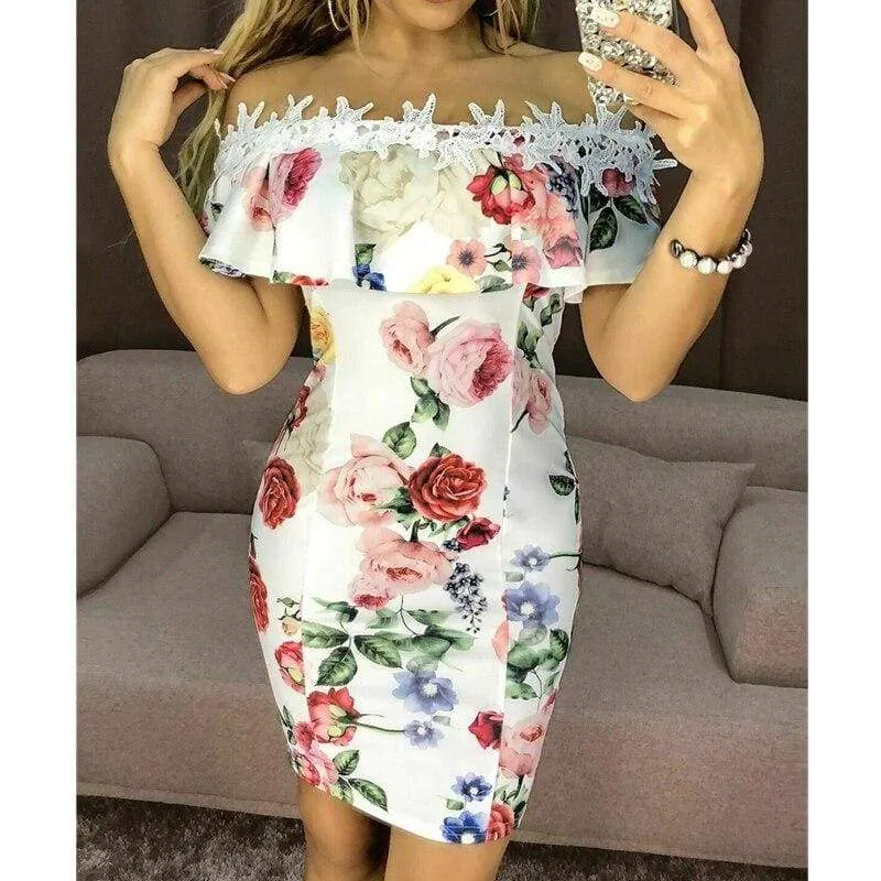 FashionSierra - New Fashion Women Dresses Floral Print Off Shoulder Dress Ruffles Slash neck Sexy Summer Beach Bodycon Mini Sundress