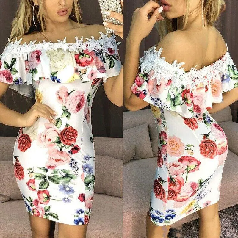 FashionSierra - New Fashion Women Dresses Floral Print Off Shoulder Dress Ruffles Slash neck Sexy Summer Beach Bodycon Mini Sundress