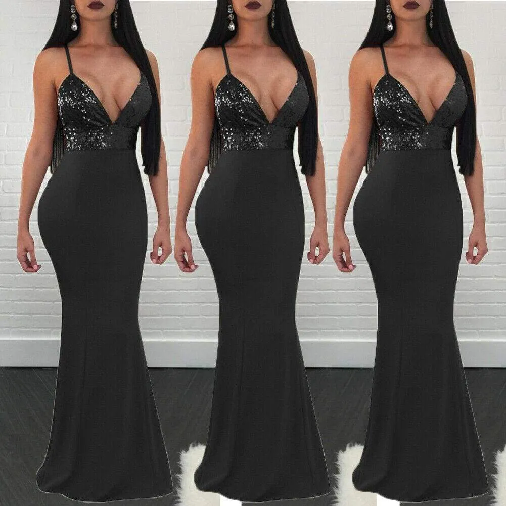 FashionSierra - New Women Formal Prom Long Sequin Dress V-Neck Sleeveless Bodycon SunDress Party Cocktail Long Slim Dress