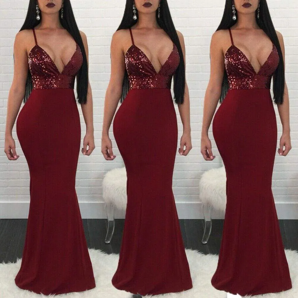 FashionSierra - New Women Formal Prom Long Sequin Dress V-Neck Sleeveless Bodycon SunDress Party Cocktail Long Slim Dress