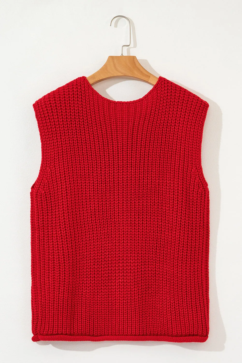 Fiery Red Solid Textured Knit Side Pockets Buttoned Sweater Vest