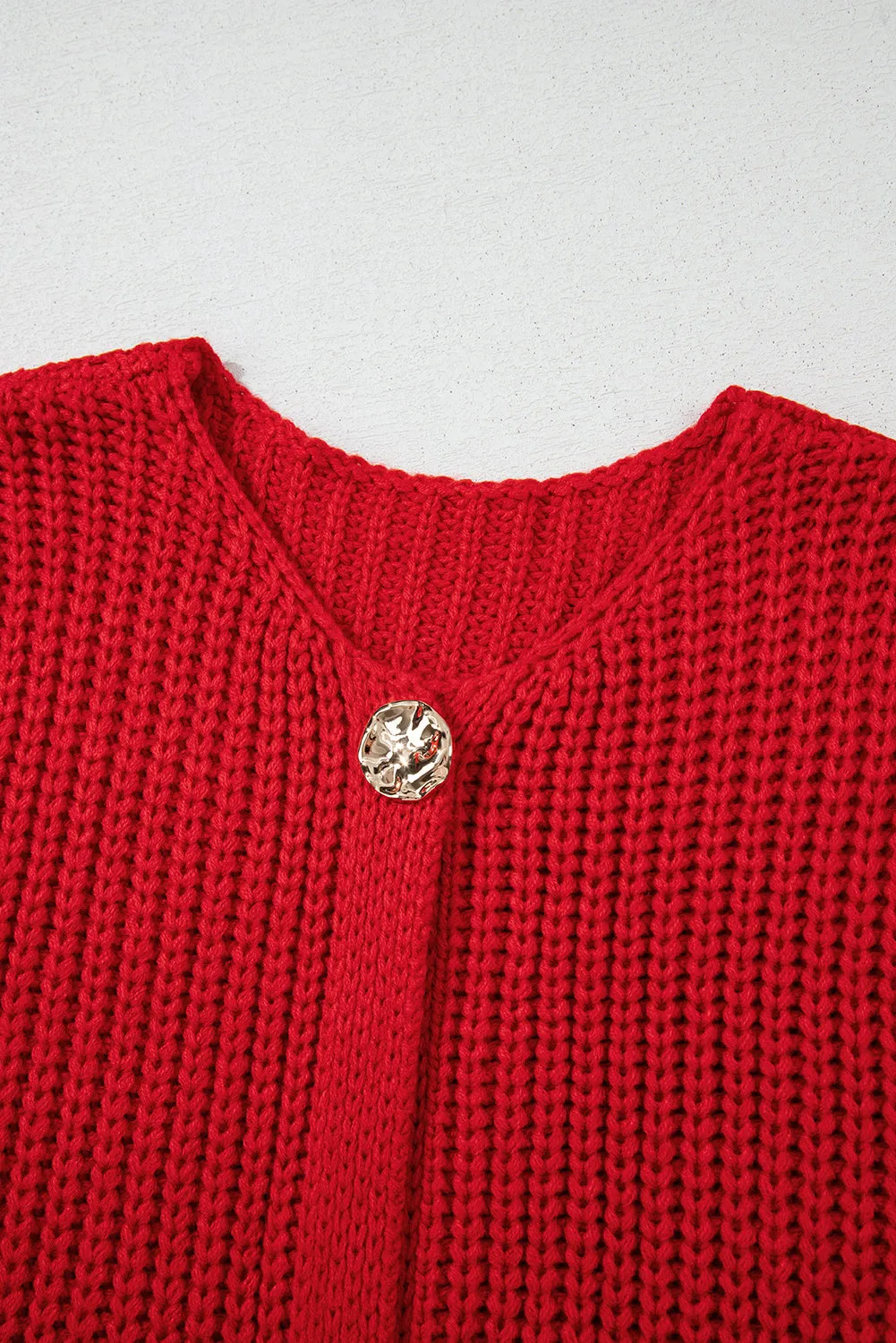 Fiery Red Solid Textured Knit Side Pockets Buttoned Sweater Vest