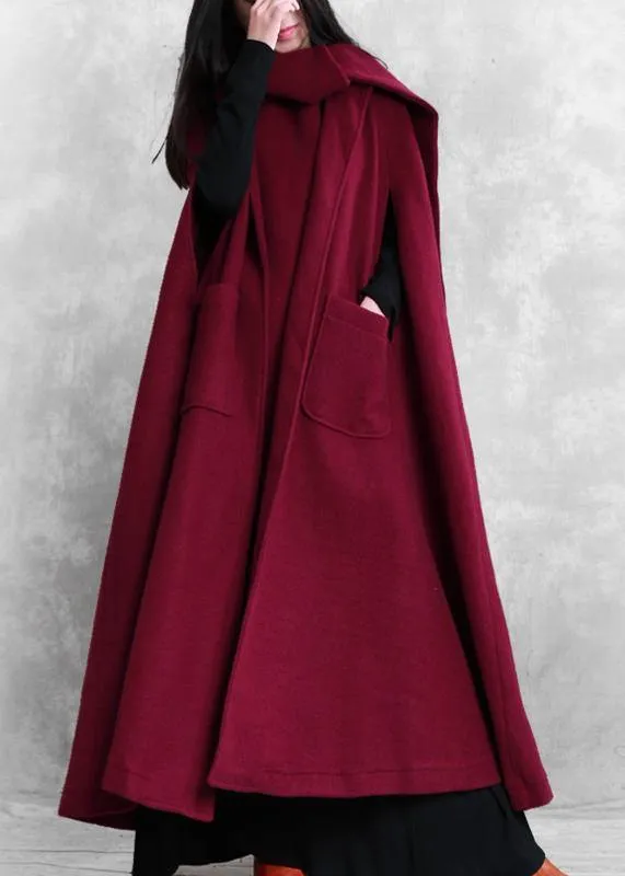 Fine burgundy Woolen Coat Women oversize Winter coat Batwing Sleeve large hem