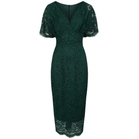 Forest Green Vintage Lace Detail Bodycon Midi Pencil Dress